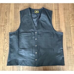Wyoming Traders Mens Black Leather Biker Vest 2XL Cinch Back Embossed Buttons